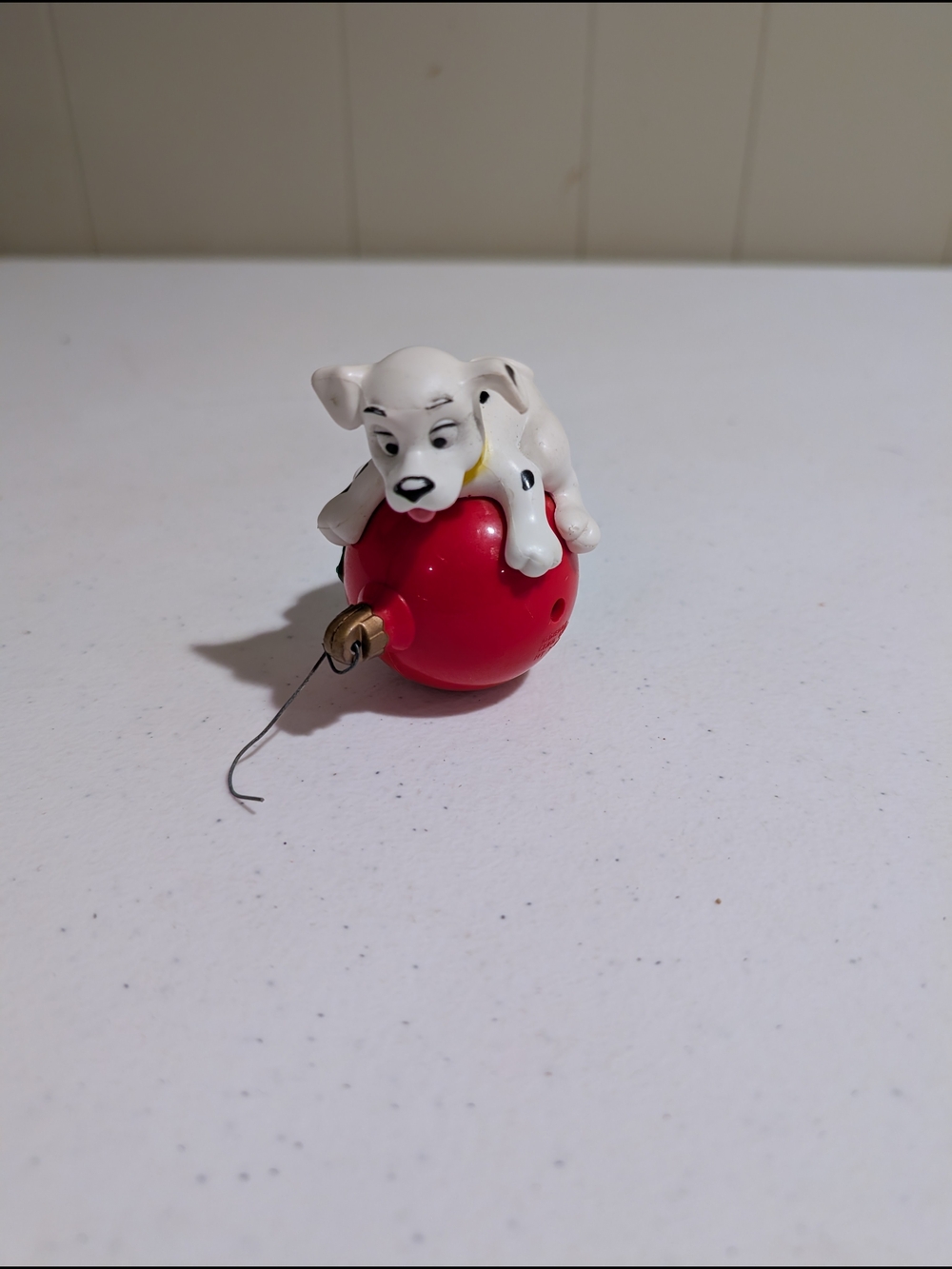 Vintage White Puppy on Red Ball Ceramic Figurine